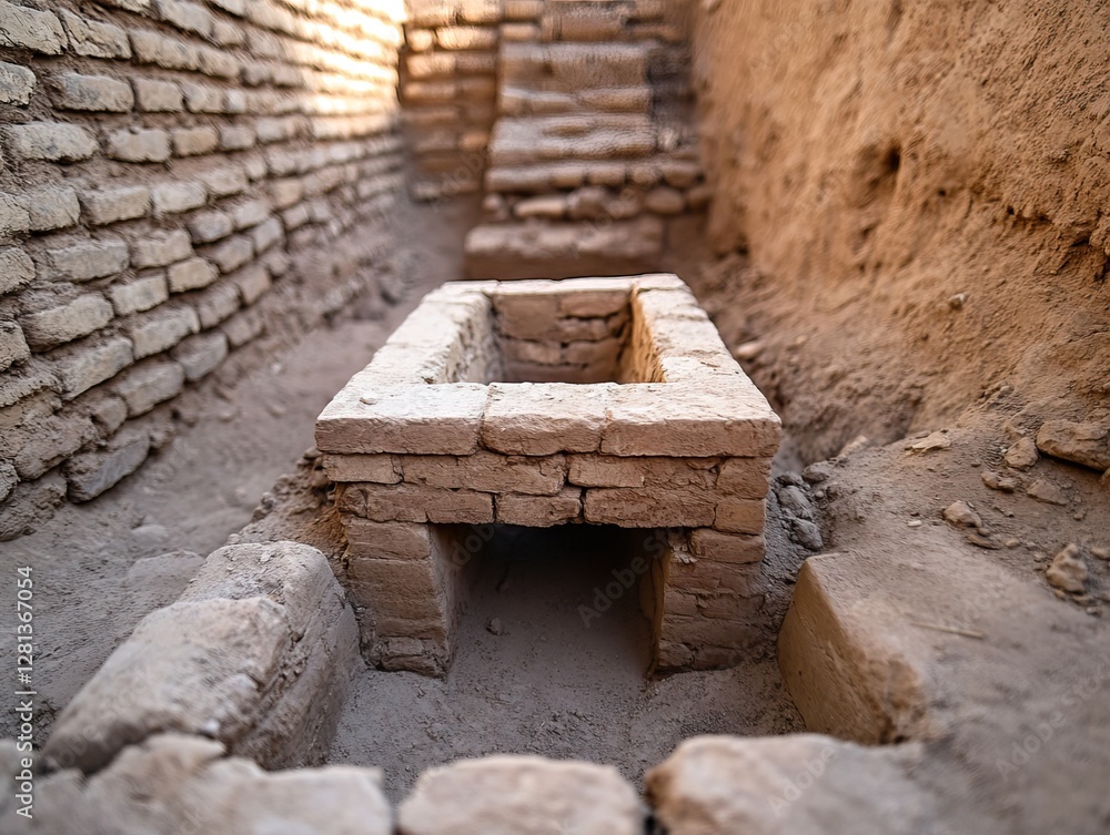An ancient stone structure partially unearthed in a sandy excavation site, showcasing brickwork and a rectangular design surrounded by dirt. An ancient stone structure partially unearthed in a sandy excavation site, showcasing brickwork and a rectangular design surrounded by dirt.