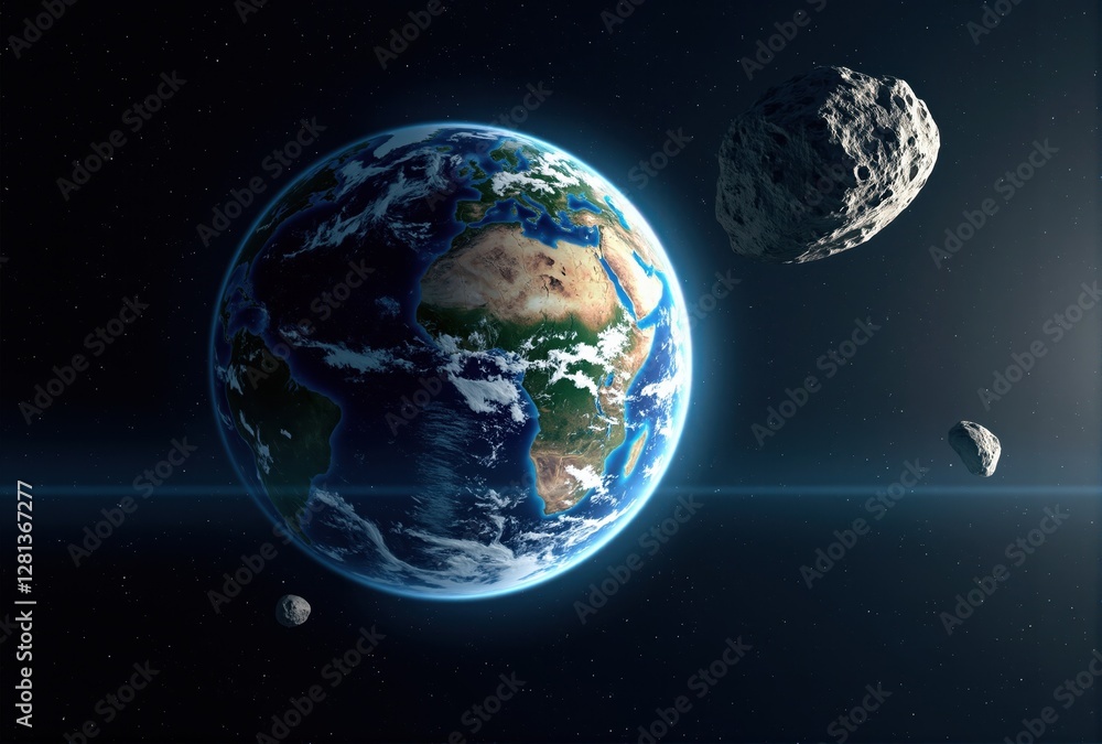Obraz premium Earth and Three Asteroids in Space