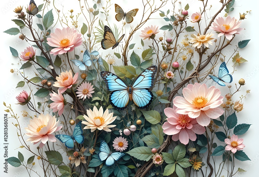 Fototapeta premium Flowers and Butterflies Collage with Botanical Elements:
