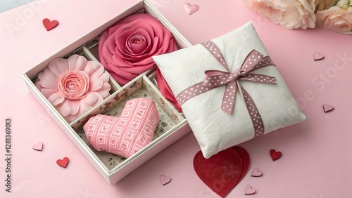 Pink Romantic Gift Box with Flowers and Heart Pillows