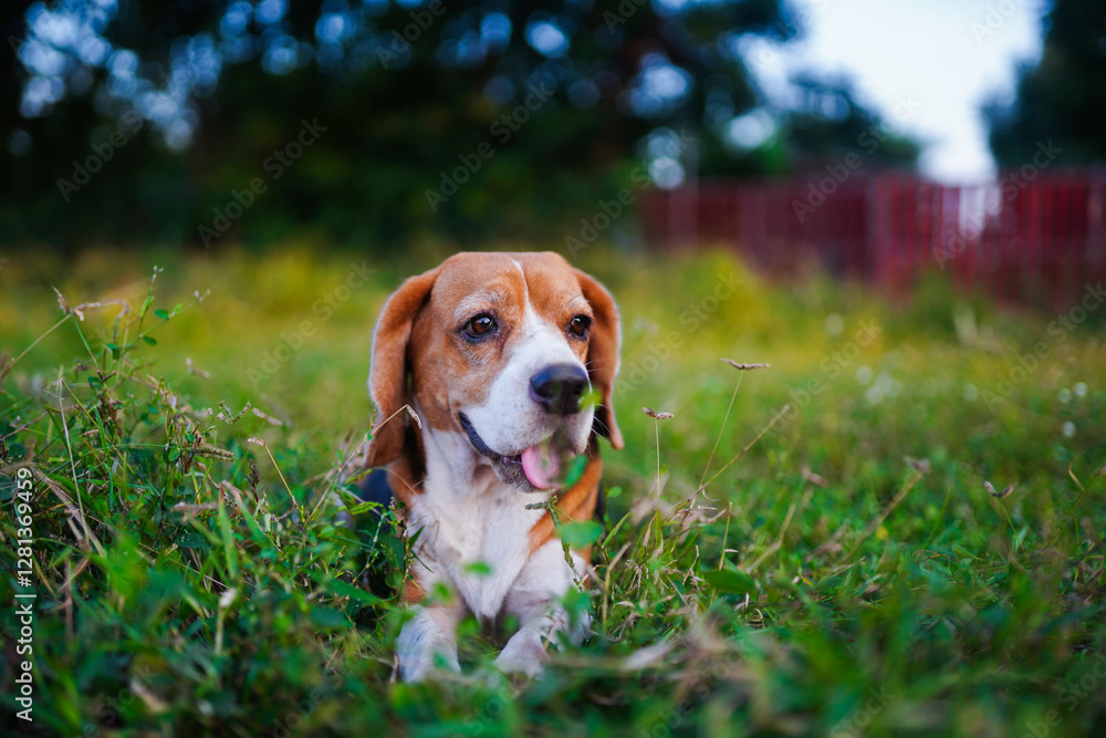 Beagle Dog Relaxing Outdoors on a Lawn in a Natural Setting Beagle Dog Relaxing Outdoors on a Lawn in a Natural Setting