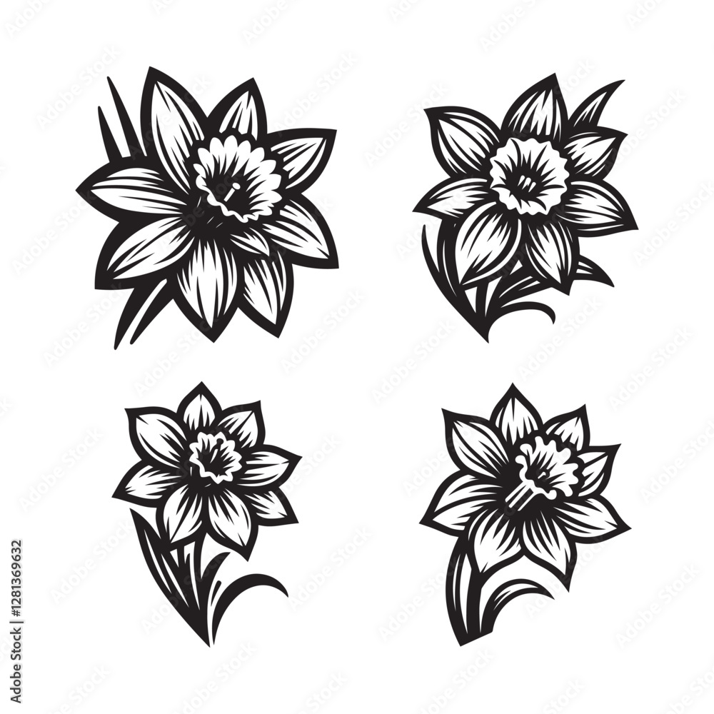 Obraz premium Daffodil flower Black and White Floral Vector Design with Flowers and Leaves