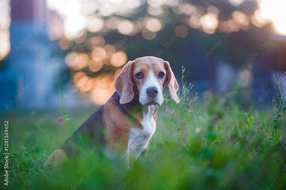 Adorable Beagle Dog Sitting in a Green Meadow at Sunset Adorable Beagle Dog Sitting in a Green Meadow at Sunset