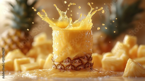 Pineapple juice splashing in a glass surrounded by pineapple chunks.