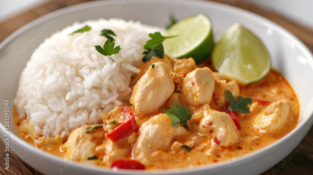 delicious serving of tender chicken in creamy sauce, served with fluffy rice and lime wedges, perfect for comforting meal delicious serving of tender chicken in creamy sauce, served with fluffy rice and lime wedges, perfect for comforting meal