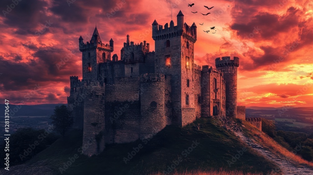 Feudal Castle Glowing Under a Fiery Red Sunset Feudal Castle Glowing Under a Fiery Red Sunset