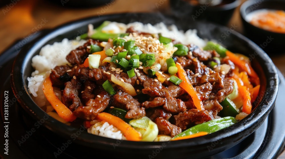 sizzling plate of bulgogi served with rice and colorful vegetables, creating delicious and appetizing meal sizzling plate of bulgogi served with rice and colorful vegetables, creating delicious and appetizing meal