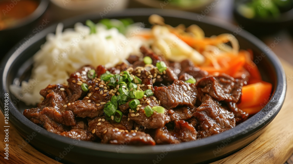 sizzling plate of bulgogi served with rice and vegetables, garnished with sesame seeds and green onions, offers delightful culinary experience sizzling plate of bulgogi served with rice and vegetables, garnished with sesame seeds and green onions, offers delightful culinary experience