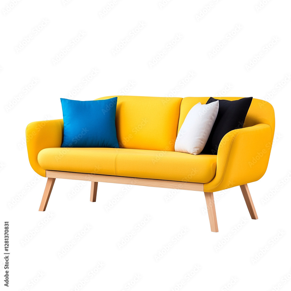 Fototapeta premium Modern yellow sofa with colorful pillows, white isolate background