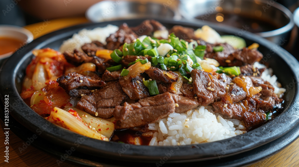 Sizzling plate of galbi with rice, kimchi, and green onions, delicious Sizzling plate of galbi with rice, kimchi, and green onions, delicious