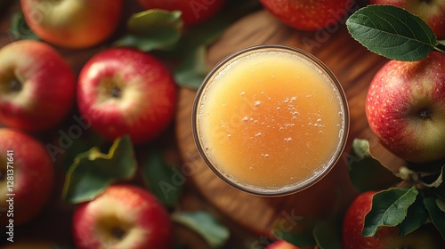 Top view of fresh apple juice in a glass surrounded by red apples.