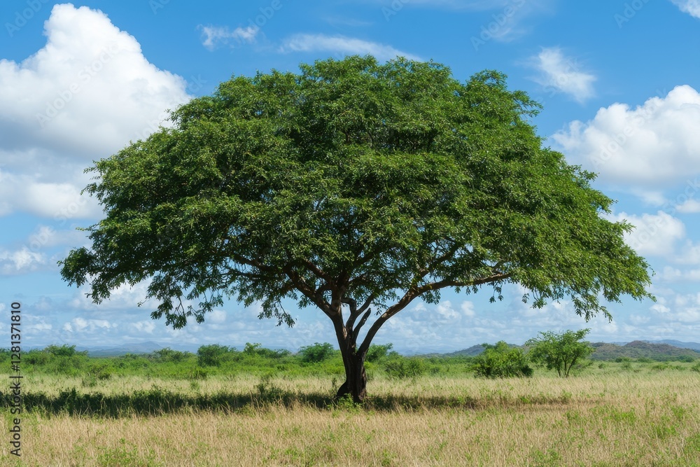 Majestic Tamarind Tree Against a Big Blue Sky with Soft Clouds on a Bright Day Majestic Tamarind Tree Against a Big Blue Sky with Soft Clouds on a Bright Day