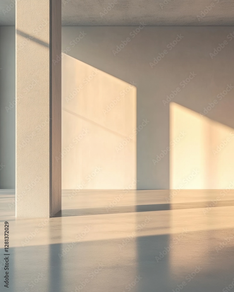 Fototapeta premium Minimalist Interior with Sunlight Casting Shadows on Concrete Walls and Floor in a Modern Architecture Style