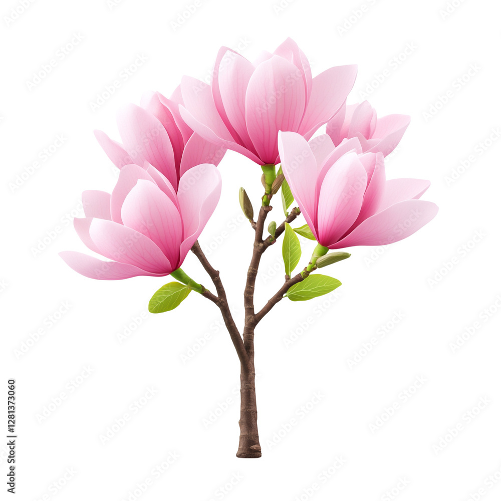 Fototapeta premium Pink magnolia flowers on a tree, white isolated background.