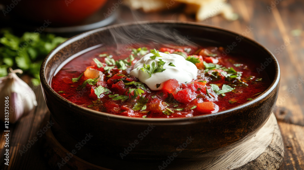 steaming bowl of borscht topped with sour cream and fresh herbs, perfect for cozy meal steaming bowl of borscht topped with sour cream and fresh herbs, perfect for cozy meal