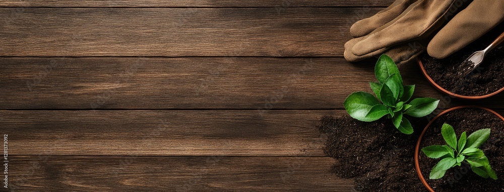 Gardening tools and soil rest in a wooden box, inviting spring planting activities with gloves, trowel, and plant seedlings Gardening tools and soil rest in a wooden box, inviting spring planting activities with gloves, trowel, and plant seedlings