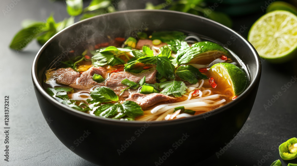 steaming bowl of pho with fresh herbs, lime, and tender meat creates delightful culinary experience steaming bowl of pho with fresh herbs, lime, and tender meat creates delightful culinary experience