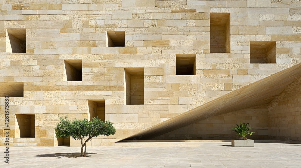 Modern Architecture Stone Building Exterior with Recessed Niches and Plants Modern Architecture Stone Building Exterior with Recessed Niches and Plants