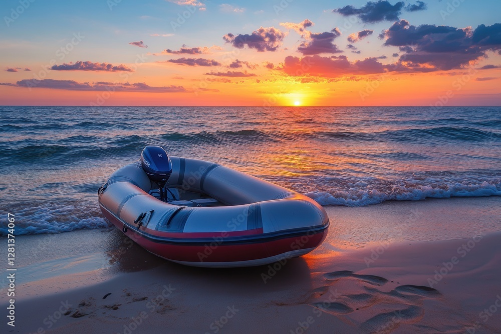 Serene Inflatable Vessel at Sunset: A Leisure Adventure on the Sandy Shore with Calm Waves and Colorful Skies Serene Inflatable Vessel at Sunset: A Leisure Adventure on the Sandy Shore with Calm Waves and Colorful Skies