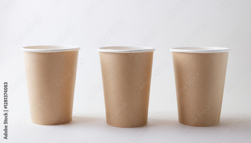Craft paper cup for drink mock-up on white backdrop. Eco friendly. Disposable tableware. Close-up. Craft paper cup for drink mock-up on white backdrop. Eco friendly. Disposable tableware. Close-up.