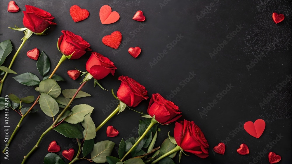 Romantic Valentines Day Red Roses and Hearts on Black