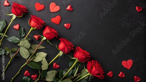 Obraz na płótnie Romantic Valentines Day Red Roses and Hearts on Black w salonie