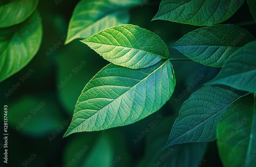Obraz premium Lush green leaves illuminated by soft light, showcasing vibrant textures and shades, perfect for nature themes and organic backgrounds
