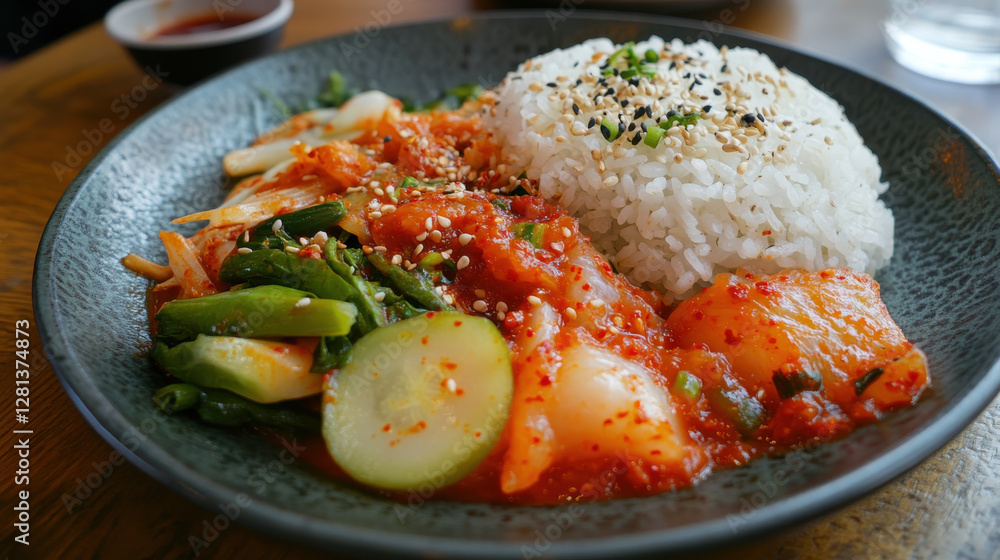 vibrant plate of kimchi served with rice and vegetables, showcasing rich colors and textures vibrant plate of kimchi served with rice and vegetables, showcasing rich colors and textures