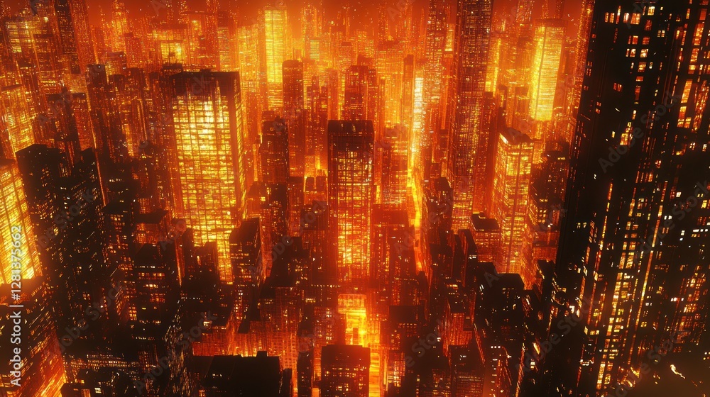 Fototapeta premium Burning futuristic city at night, fiery skyscrapers.