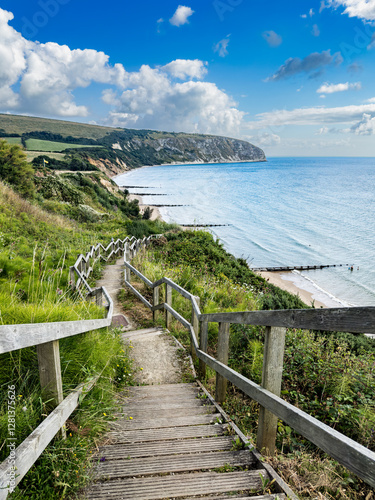 Coastal landscape at Swanage Bay in Swanage, Dorset, England, in summer.
