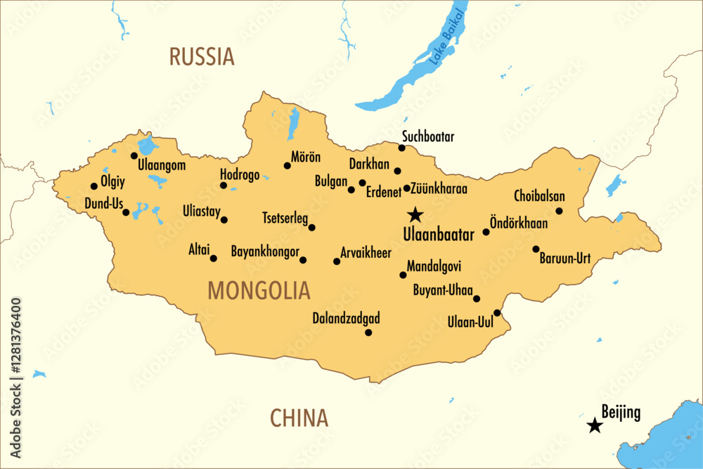 Obraz premium Vector Map of Mongolia with Major Cities and Neighboring Countries – Infographic Illustration