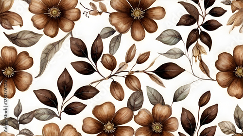 Pattern with brown, coffee simple flowers on a white background. Watercolor illustration. Template for postcards, fabric, packaging.
