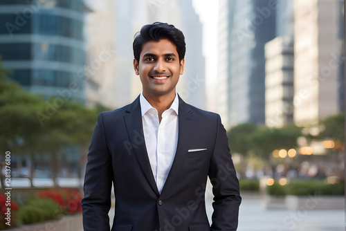 A man in a suit and tie is smiling in front of a city skyline