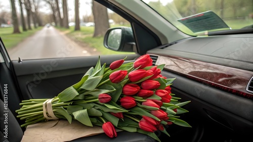 Red Tulips in Car Interior Romantic Spring Drive