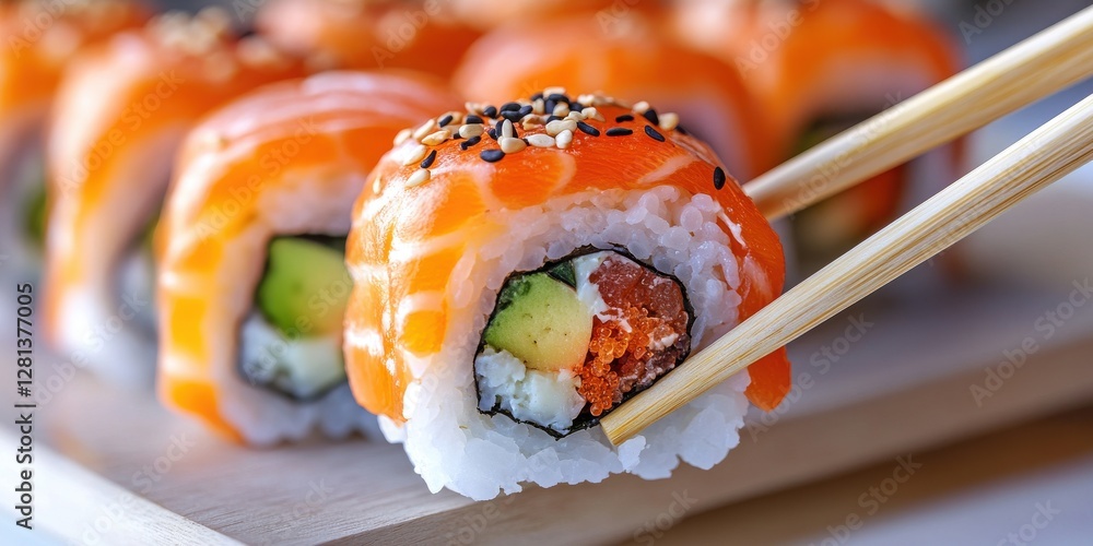 Fresh and Colorful Sushi Roll with Salmon and Avocado Served with Chopsticks on Wooden Plate for a Culinary Experience Fresh and Colorful Sushi Roll with Salmon and Avocado Served with Chopsticks on Wooden Plate for a Culinary Experience