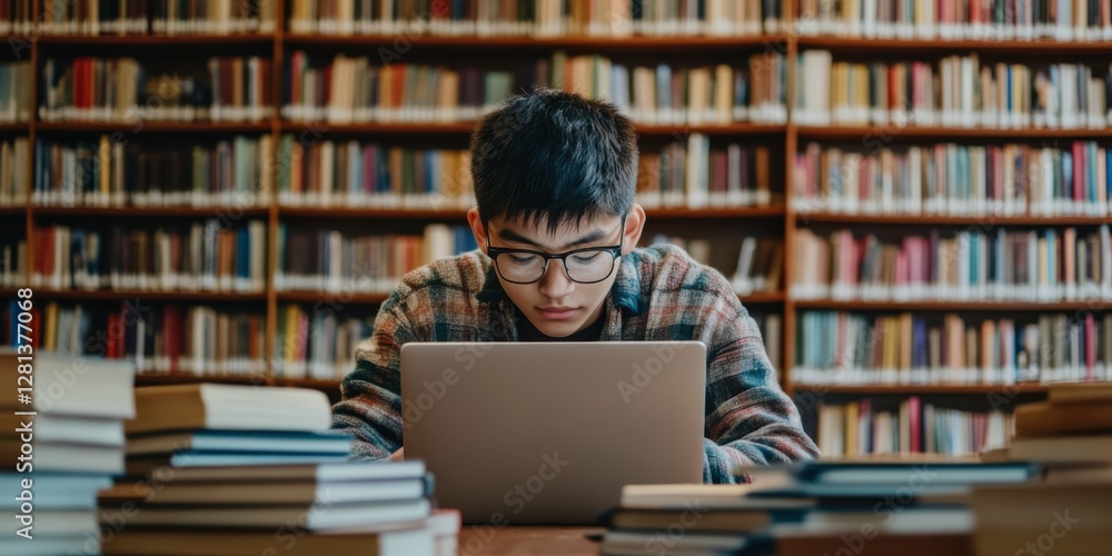 Self-Study. Asian Student Researching in Library, Making Project for Exam - College Education Concept Self-Study. Asian Student Researching in Library, Making Project for Exam - College Education Concept