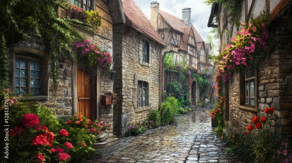 Charming cobblestone street in a historic European village, featuring old stone houses adorned with vibrant flowers and lush greenery after a light rain. Charming cobblestone street in a historic European village, featuring old stone houses adorned with vibrant flowers and lush greenery after a light rain.