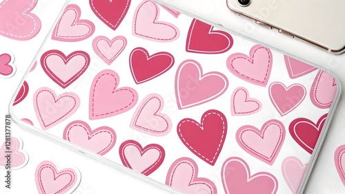 Obraz na płótnie Pink Hearts Pattern on Tablet Case w salonie