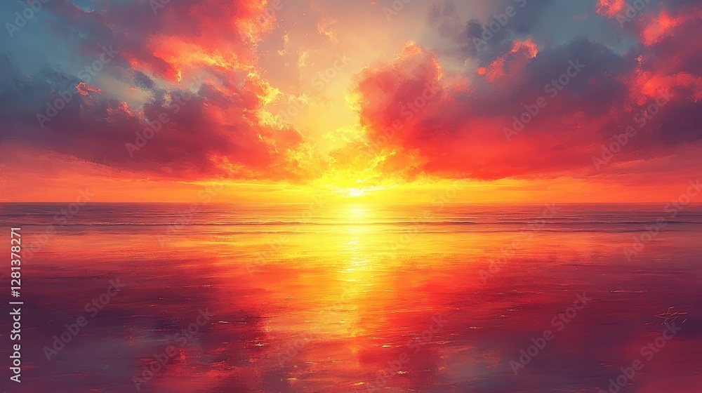 Fiery sunset over calm ocean, reflecting vibrant colors. Ideal for travel brochures Fiery sunset over calm ocean, reflecting vibrant colors. Ideal for travel brochures