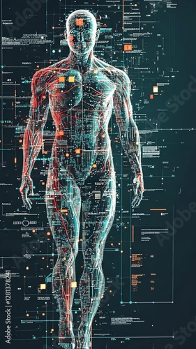 Digital representation of human anatomy with data overlay in a futuristic design
