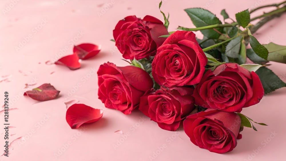 Romantic Red Roses on Pink Background