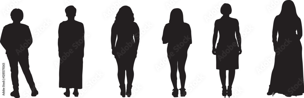 vector; silhouette,back view of a group of women standing vector; silhouette,back view of a group of women standing