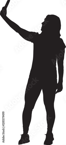 vector; silhouette; side view of  standing woman looking at her mobile phone