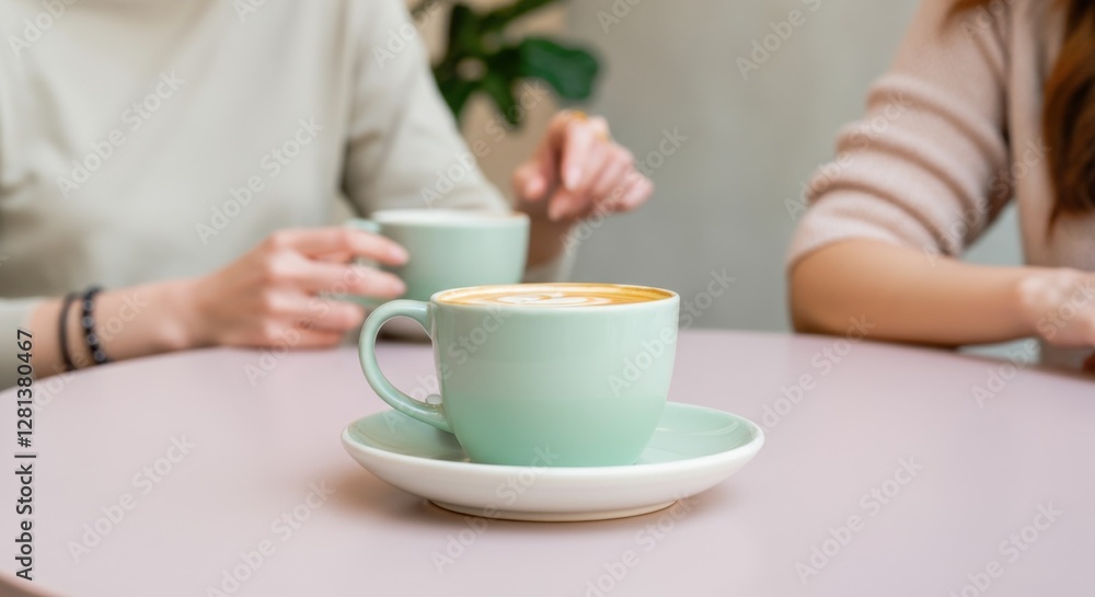 Caucasian females enjoying coffee at pastel table setting in cozy cafe Caucasian females enjoying coffee at pastel table setting in cozy cafe