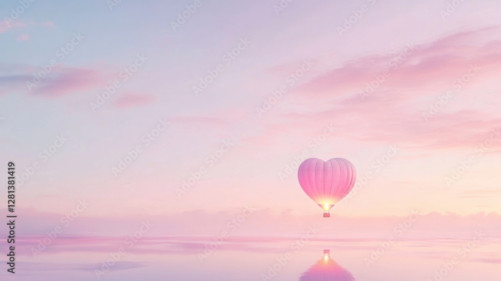 Fototapeta premium Heart-Shaped Hot Air Balloon Floating Above Calm Water at Sunset
