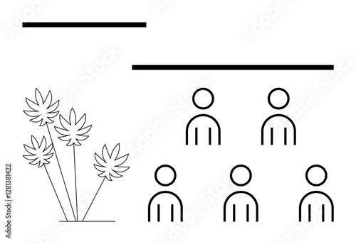 Simplified figures of five people and three plants. Black lines representing interaction and connection. Ideal for themes about community, environment, simplicity, nature, human connection, growth