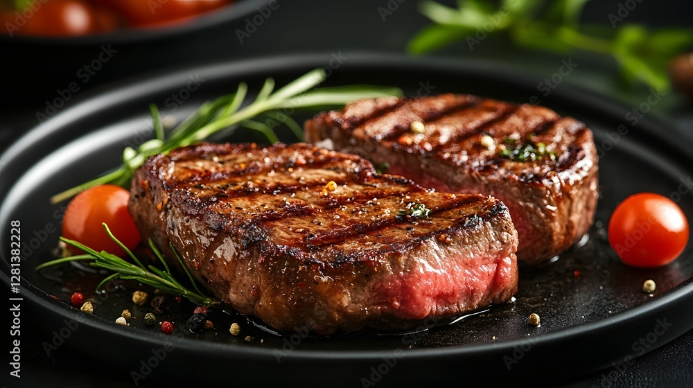 Perfectly grilled steak with a seared and seasoned exterior served on a dark platter alongside fresh tomatoes and sprigs of aromatic herbs creating a mouthwatering and high end culinary display Perfectly grilled steak with a seared and seasoned exterior served on a dark platter alongside fresh tomatoes and sprigs of aromatic herbs creating a mouthwatering and high end culinary display