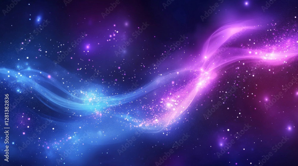 Fototapeta premium A mesmerizing cosmic dance of colors, featuring soft waves of blue and purple light. Stars twinkle in the dark background, creating an ethereal scene that captivates the viewer.
