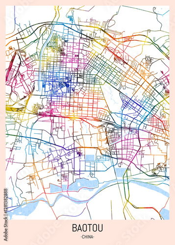 Baotou China City Map, downtown tourism, house art travel, scenic metropolis concept, travel art city, patriotic abstract banner