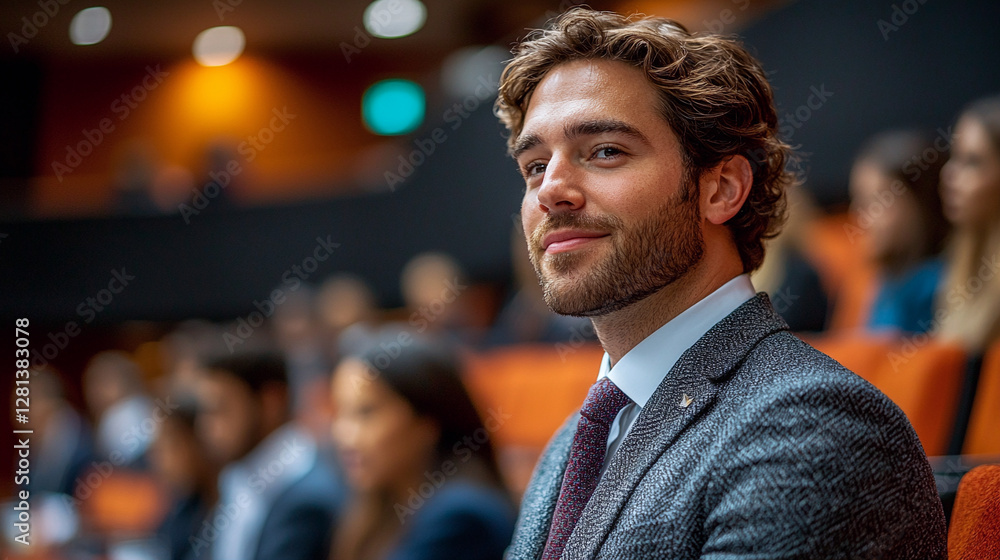 Obraz premium Young businessman with confident smile attending corporate conference event